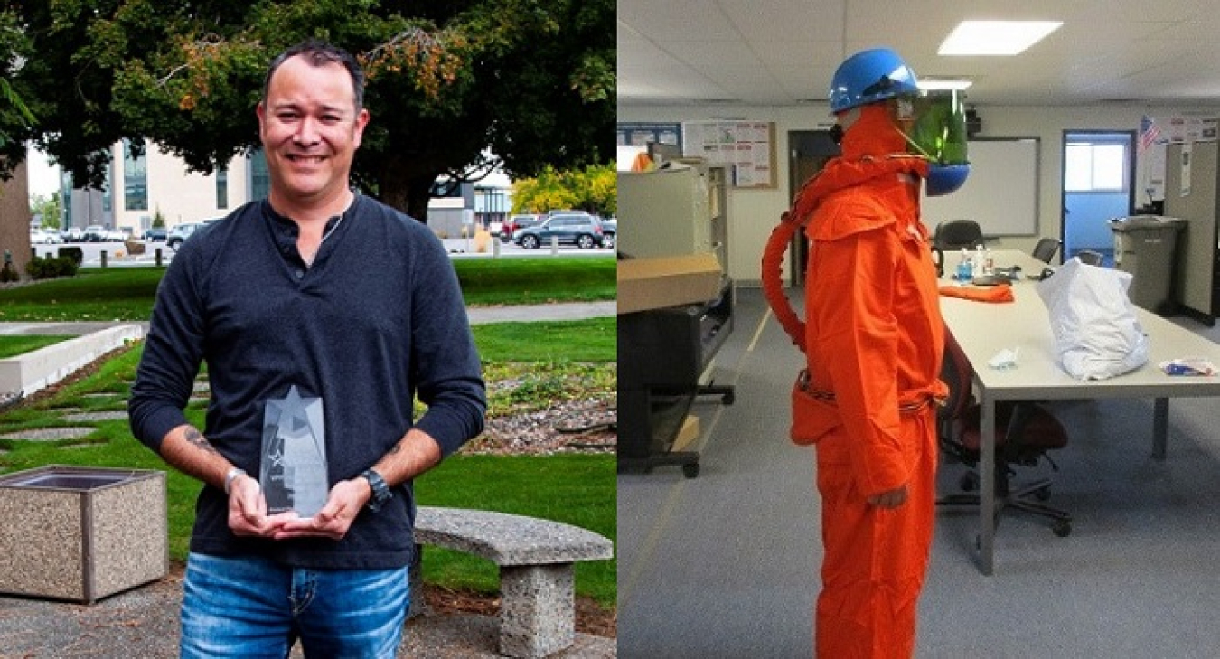 Frank Vargas, the Hanford Atomic Metal Trades Council safety representative for EM Richland Operations Office contractor Central Plateau Cleanup Company, holds the Voluntary Protection Programs Participants’ Association Innovation Award. The contractor was recently recognized with the national award for developing a customized personal protective equipment suit, at right, to keep electrical workers on the Hanford Site safe from arc flashes and airborne contamination.