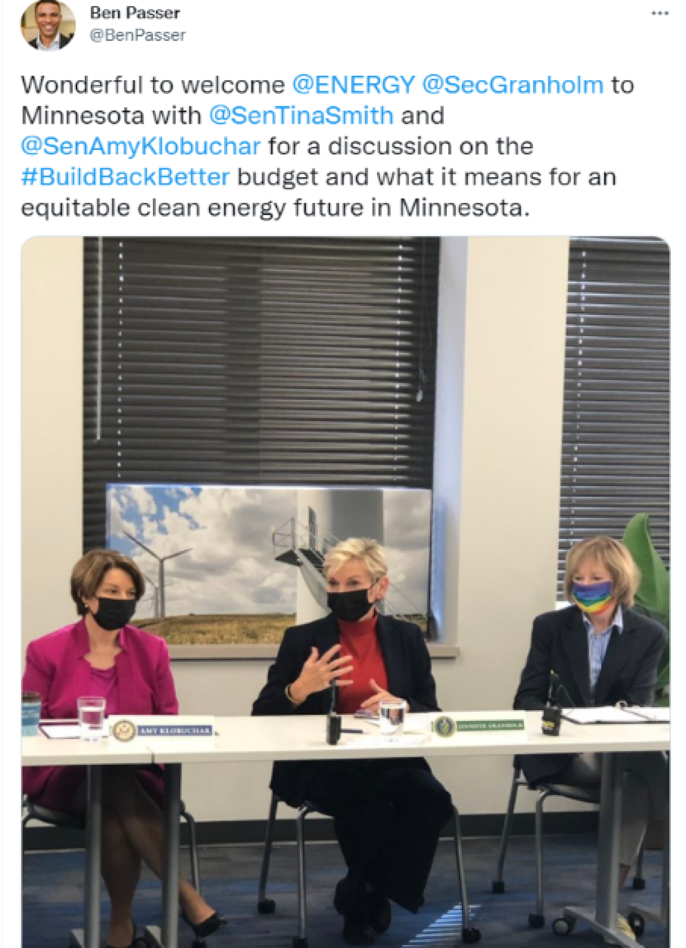 Ben Passer: Wonderful to welcome @ENERGY @SecGranholm to Minnesota with @SenTinaSmith and  @SenAmyKlobuchar for a discussion on the #BuildBackBetter budget and what it means for an equitable clean energy future in Minnesota. 