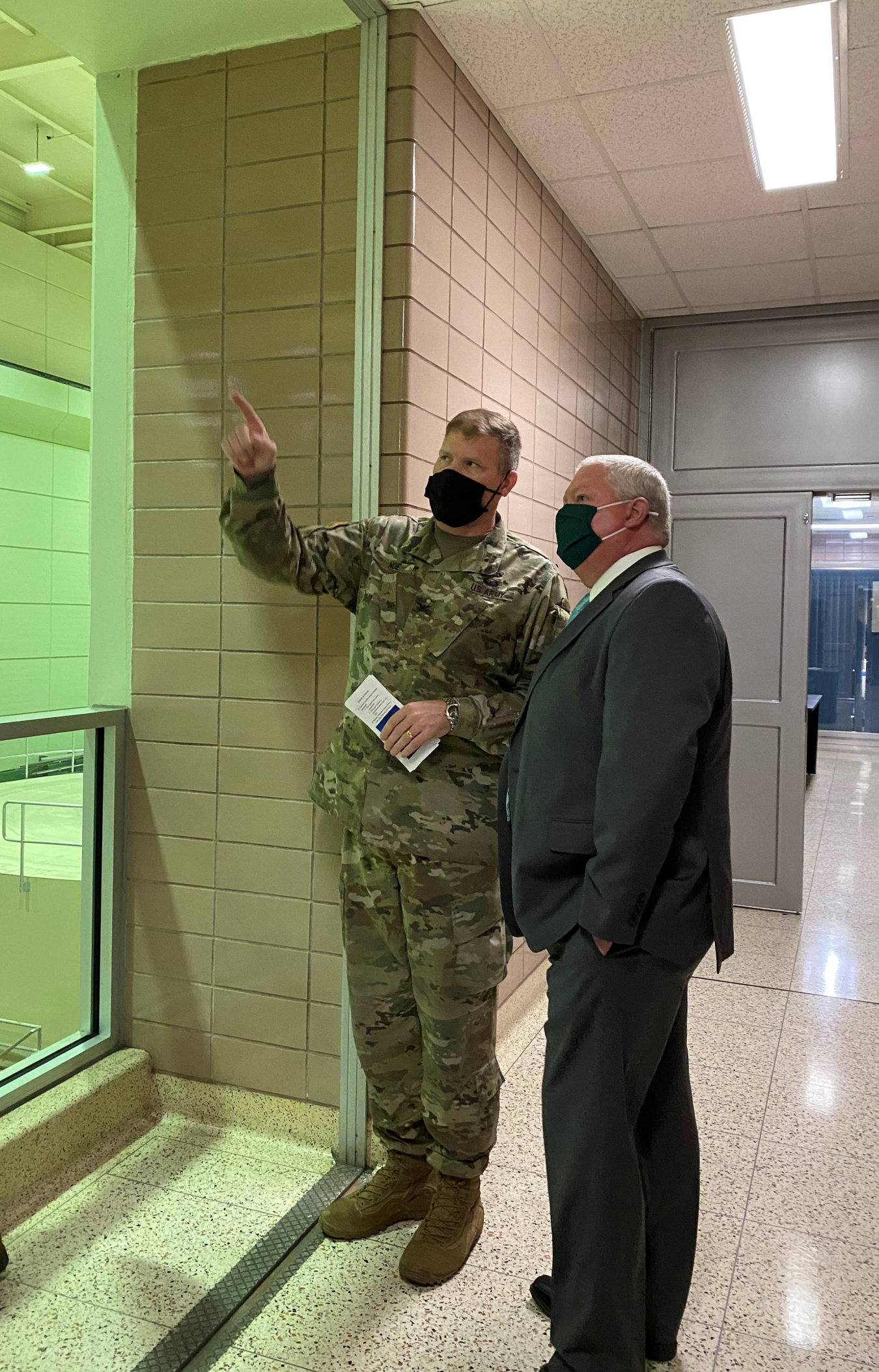 Little Rock District Colonel Eric Noe discusses hydropower bridge crane inspection results with SWPA Administrator Mike Wech during a tour of the Table Rock Powerplant.