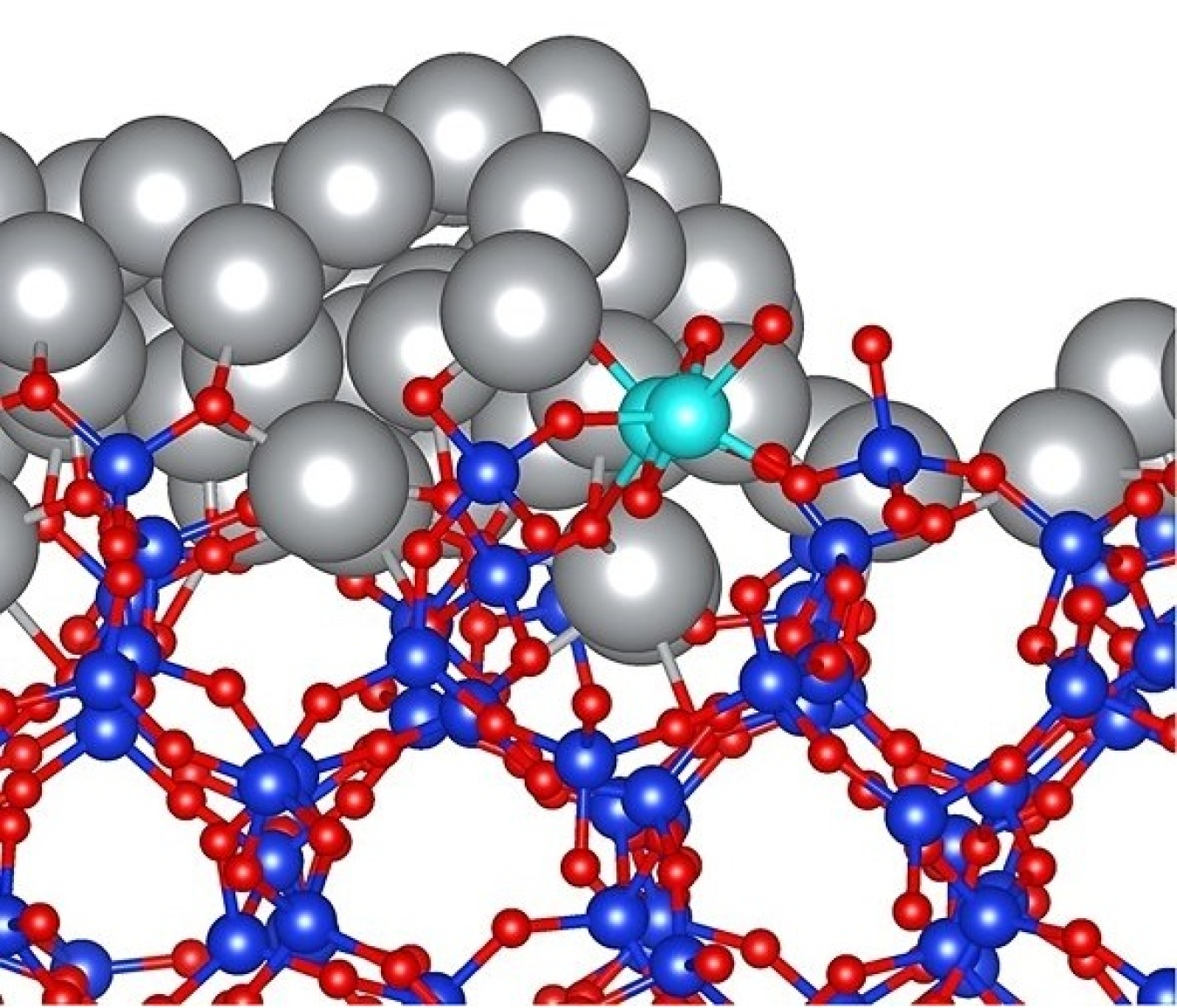 Image of a model of a catalyst at atomic scale that includes the molecular structure of a metal oxide support with atoms of a metal catalyst on top of the support structure.