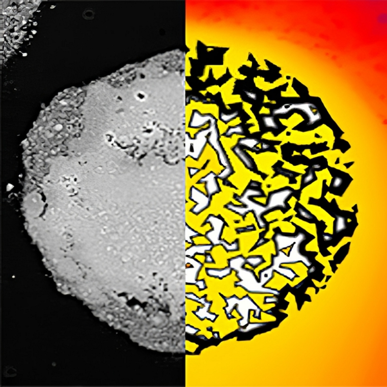 Image of a catalyst particle with half (left) of the particle image being a scanning electron micrograph of the catalyst and the other half (right) being a model simulation of the particle showing porosity and coke build up on the catalyst