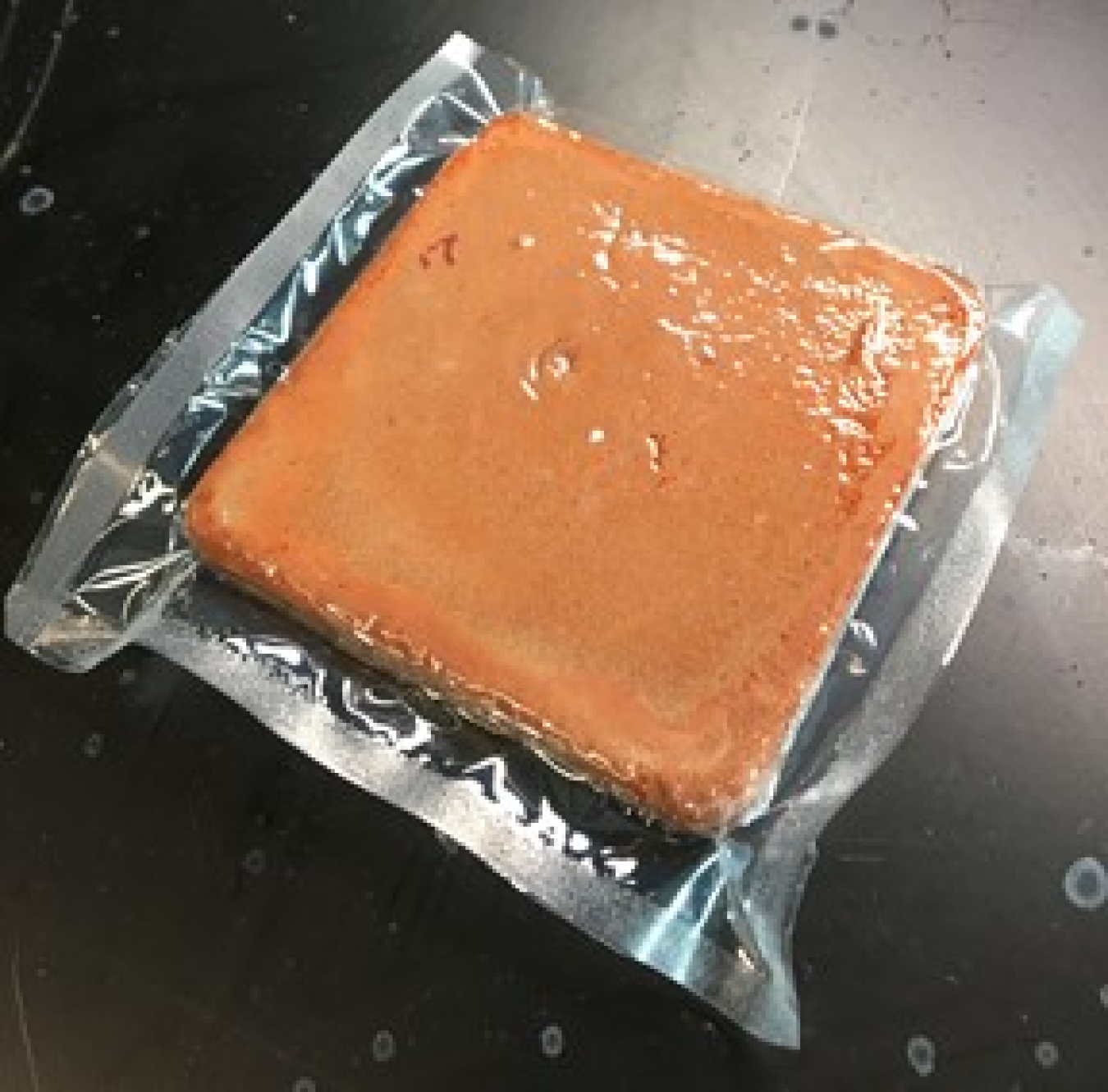 Example of a fabricated VIP with an organic aerogel core. Sample size is 5 cm, thickness 1 cm.