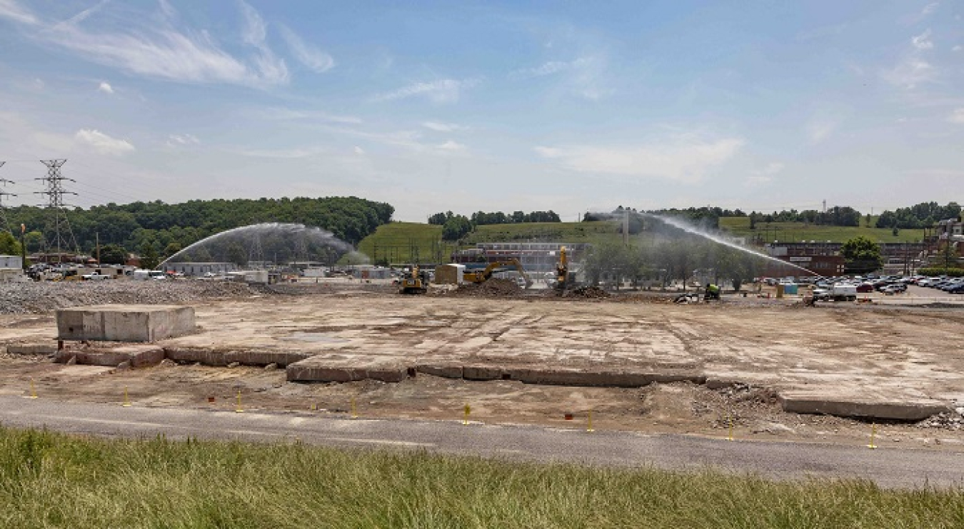 A view of the Biology Complex slab after demolition. Workers are actively removing the buildings’ foundations, which is slated for completion early next year. The 18-acre area will be reused to support national security missions at the Y-12 National Security Complex.