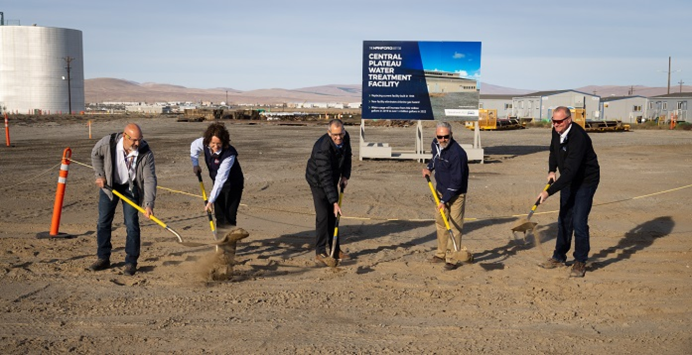 From left, Hanford Mission Integration Solutions President Bob Wilkinson; Hanford Waste Treatment and Immobilization Plant Project Director Valerie McCain; Office of River Protection and Richland Operations Office Manager Brian Vance; Washington River Protection Solutions President John Eschenberg; and Central Plateau Cleanup Company President Scott Sax participate in a groundbreaking ceremony for the new Hanford Central Plateau Water Treatment Facility.