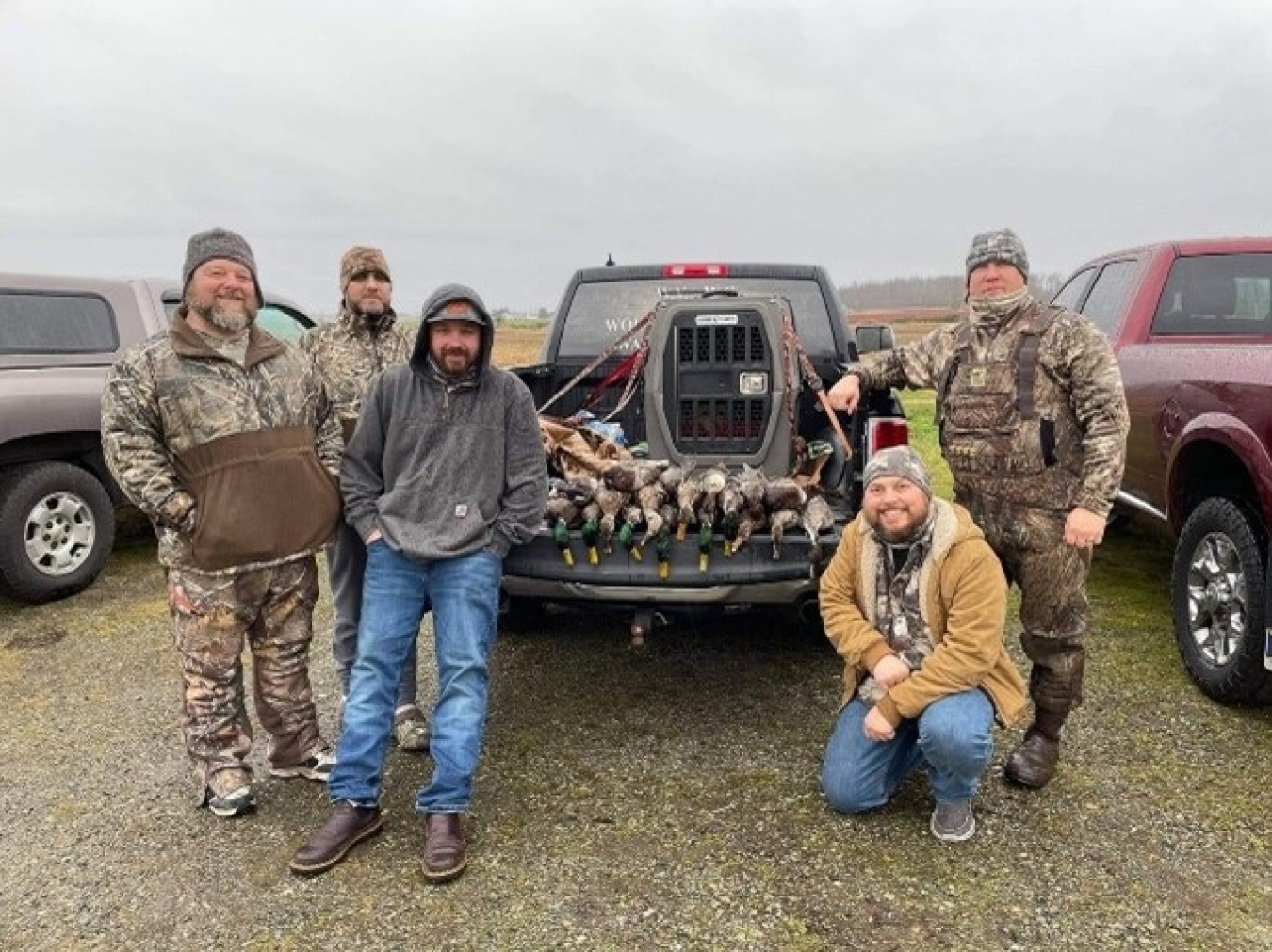 From left, veterans Billy Davis, Buddy Cunningham, James Towne, Allan Vincent, and Tom Gottselig took part in a waterfowl hunt in December 2020 as part of Wounded Veteran’s Waterfowl Club.