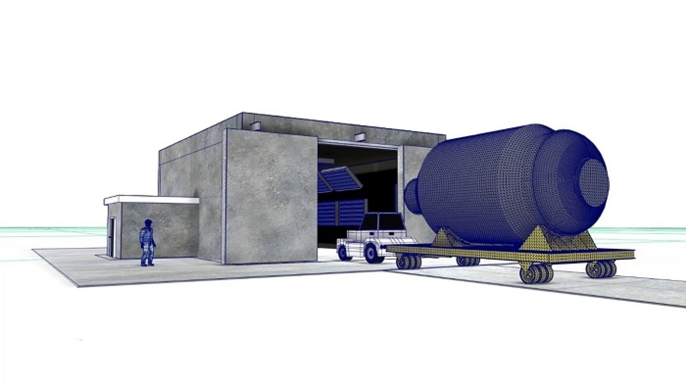 An artist rendering of the Large Item Neutron Assay System at the Paducah Site shows large items entering the facility where scanners will measure the neutrons emitted from the equipment.