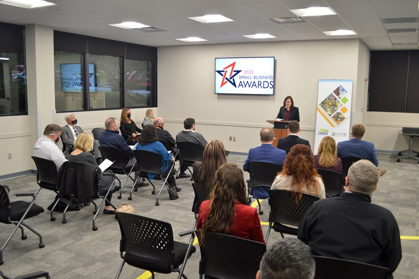 Oak Ridge Office of Environmental Management Acting Manager Laura Wilkerson addresses UCOR’s small business partners at the 9th Annual Small Business Awards Breakfast. The format for this year’s event allowed participants to attend in person or virtually.