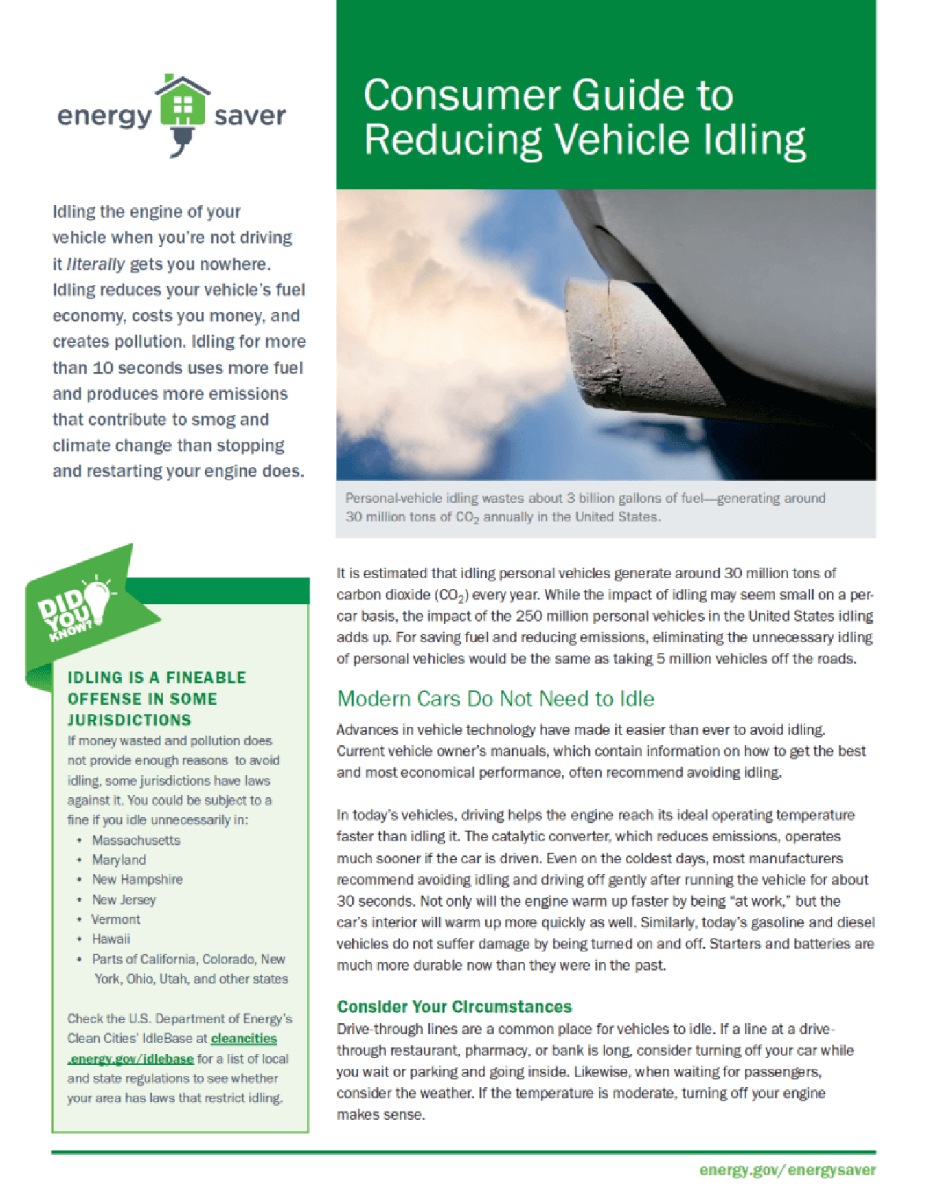 Thumbnail of the Consumer Guide to Reducing Vehicle Idling fact sheet