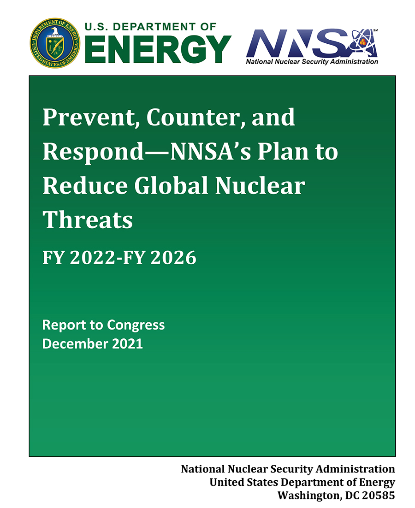 Cover of the report: NNSA Prevent, Counter, and Respond—A Strategic Plan to Reduce Global Nuclear Threats