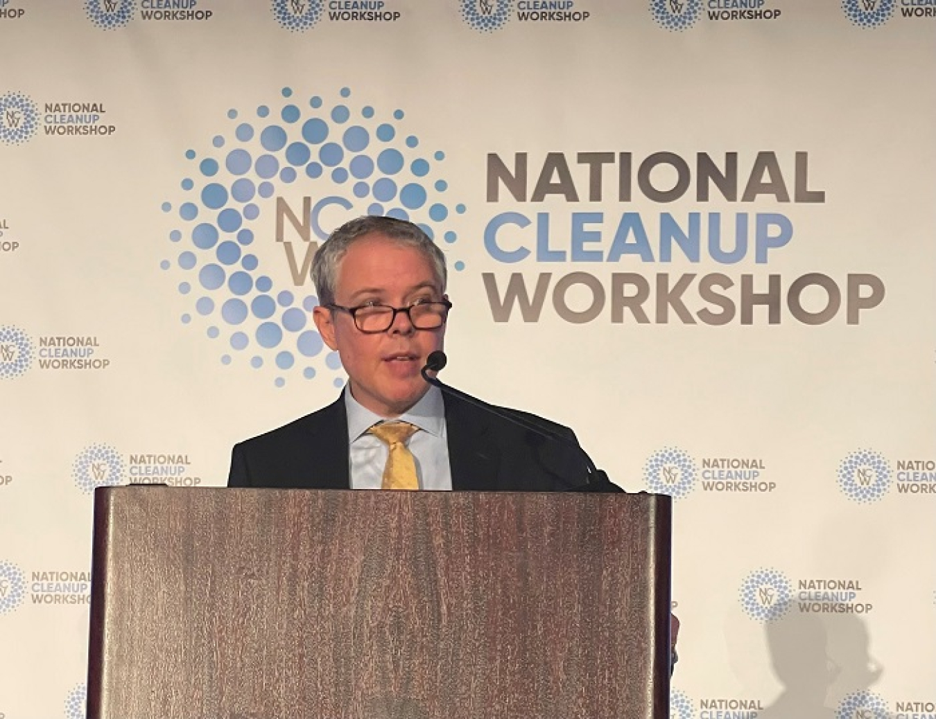 EM Senior Advisor William “Ike” White speaks during an address at the 2021 National Cleanup Workshop.