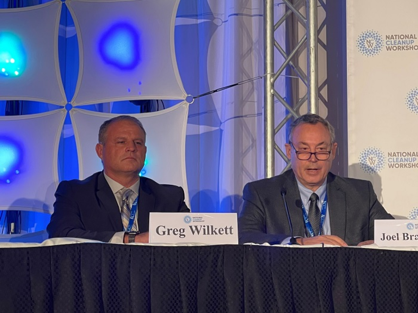 Joel Bradburne, right, manager of the Portsmouth/Paducah Project Office, discusses progress on demolition of the X-326 Process Building at the Portsmouth Site. At left is Greg Wilkett, chief operating officer of Fluor-BWXT Portsmouth.