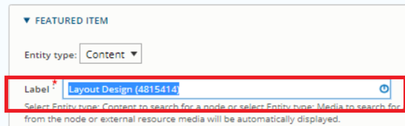 Screenshot of the Label field in the Edit tab for a homepage featured items