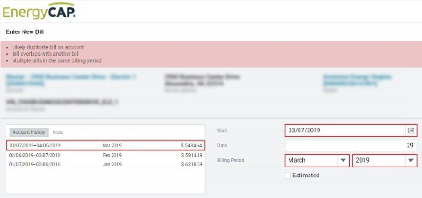 Screenshot of a billing error example from EnergyCAP