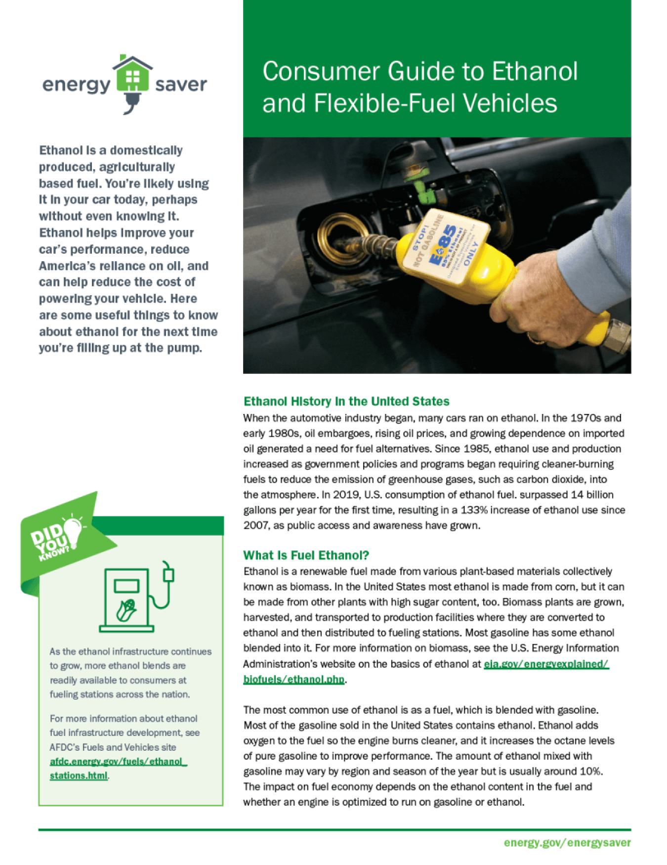 Thumbnail of the Consumer Guide to Ethanol and Flexible-Fuel Vehicles fact sheet