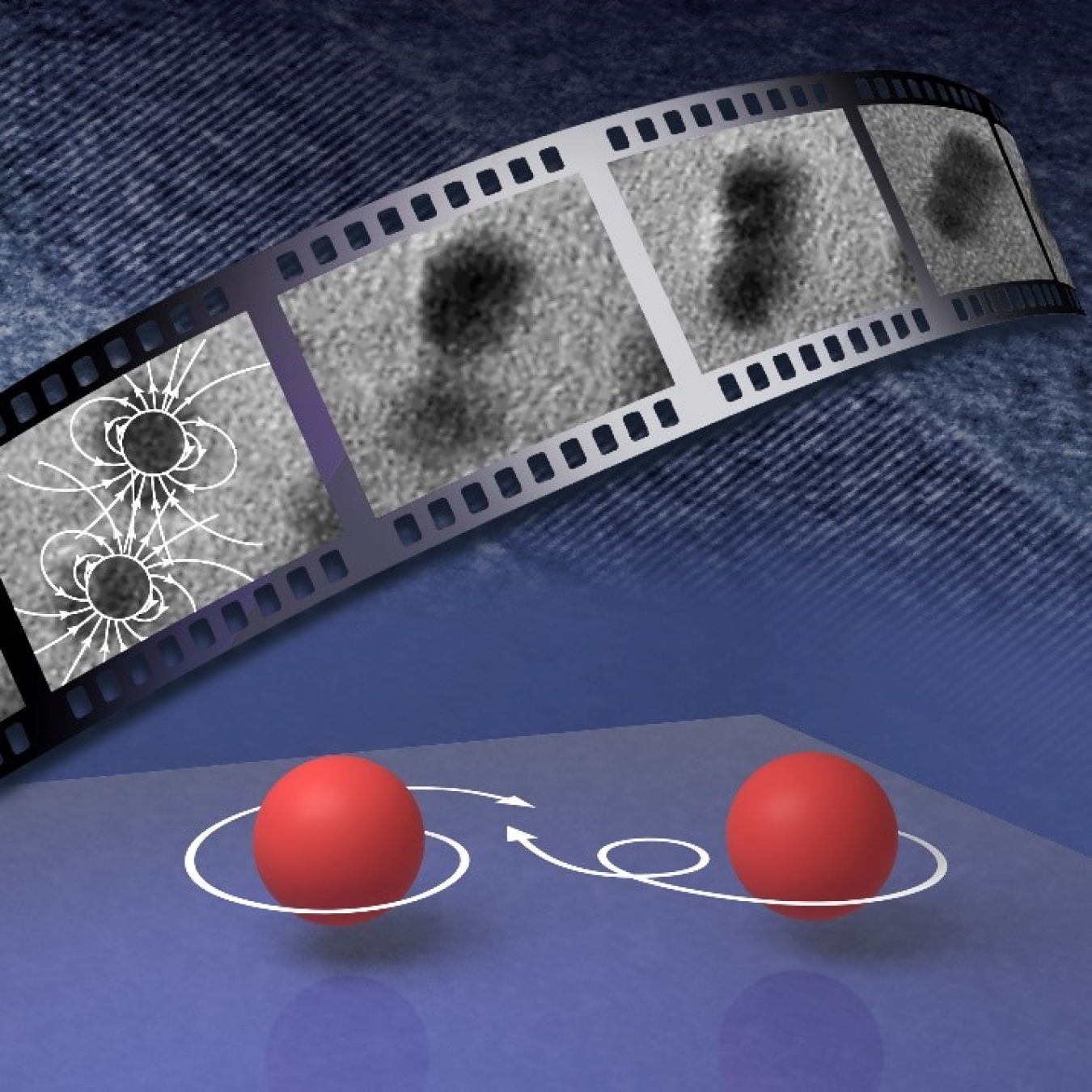 Background: microscopy image of a zinc oxide nanoparticle. Foreground: time-lapsed images as particles merge while moving through a liquid. The lines represent electric fields. Bottom: image of the path particles take before merging. 