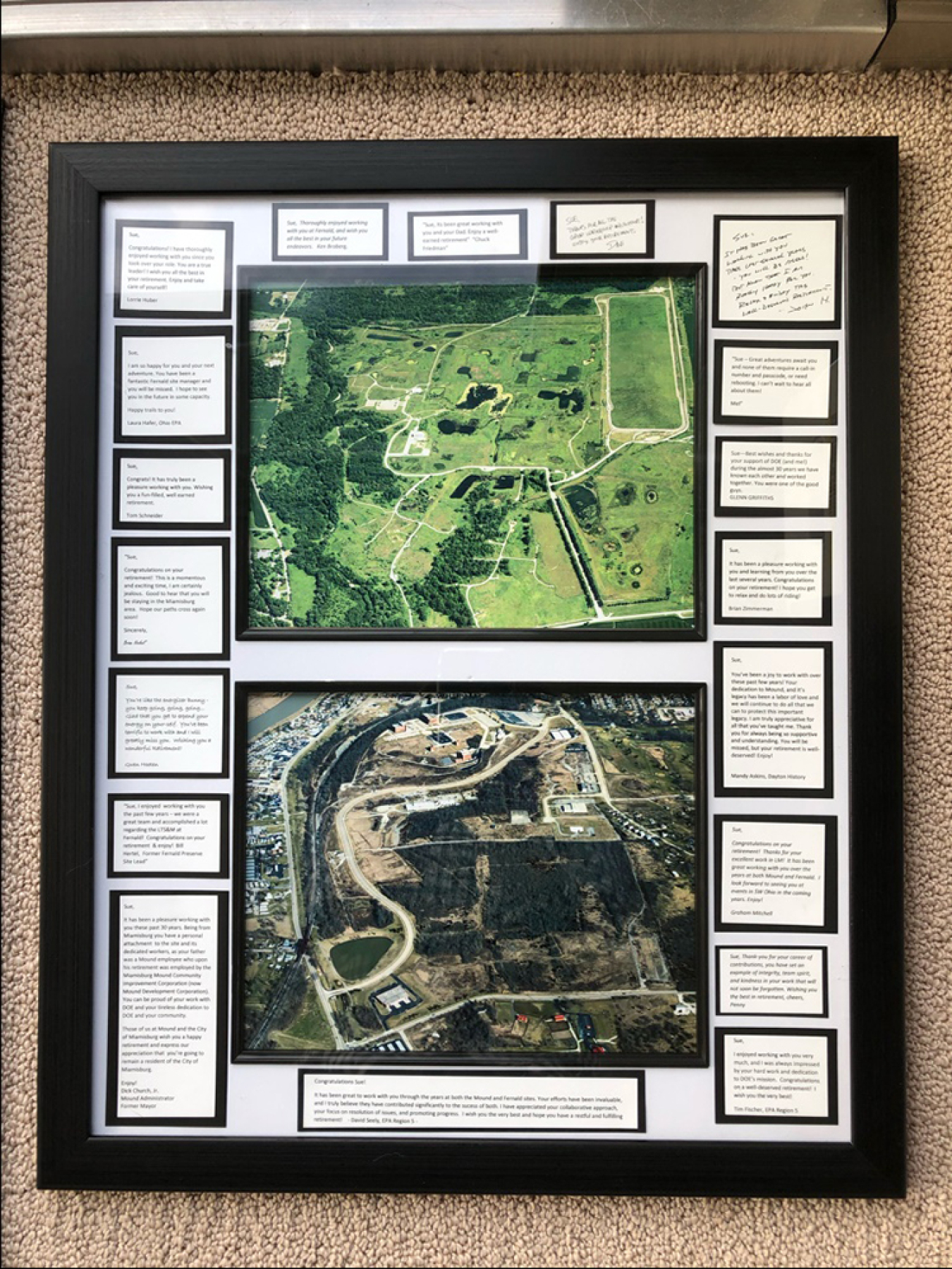 A photo collage depicting the Fernald Preserve, Ohio, Site prior to environmental remediation and after environmental remediation.