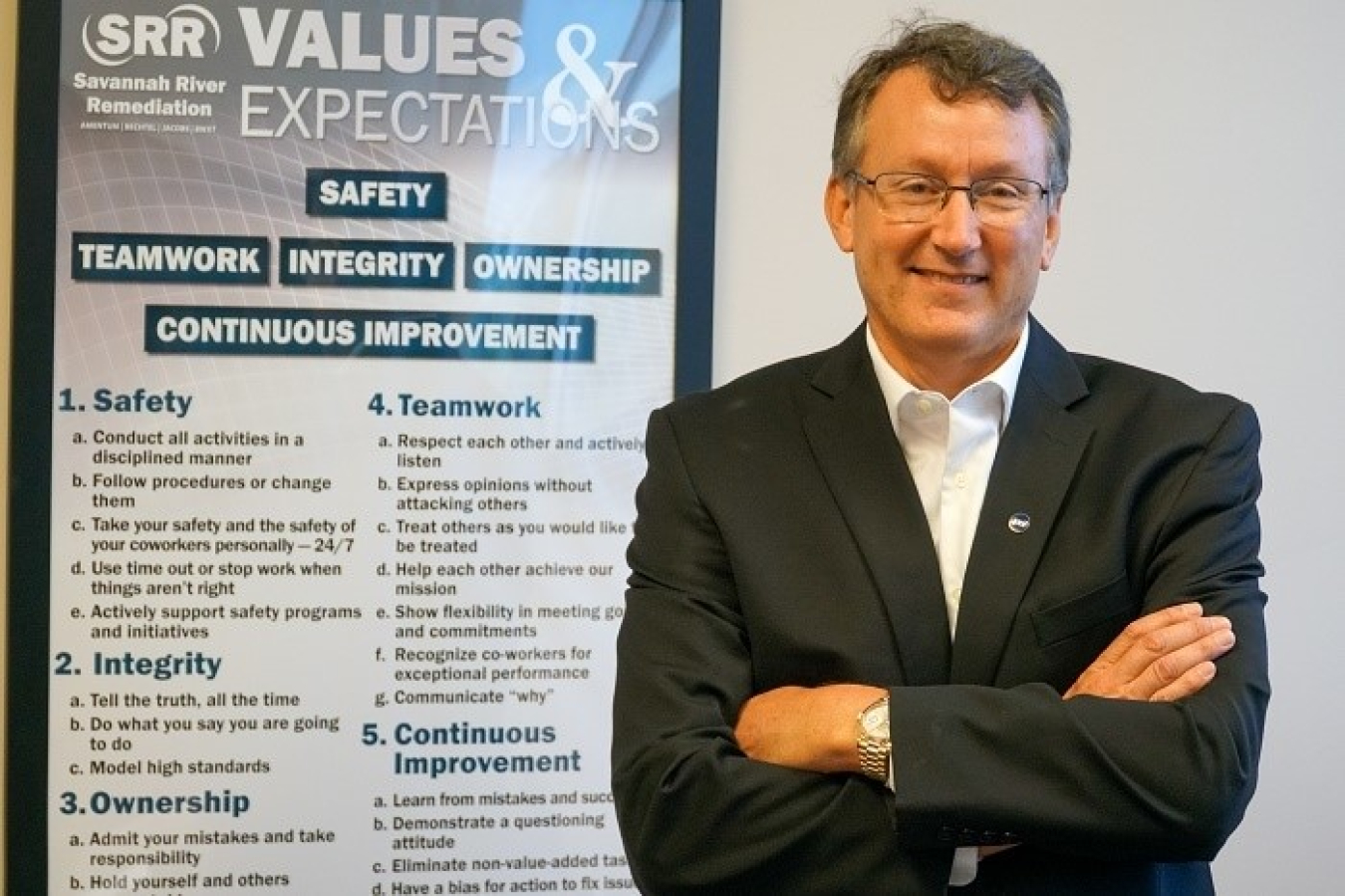 Savannah River Remediation (SRR) President and Project Manager Phil Breidenbach was one of eight honorees of the 2021 CEOs Who “Get It” award from the National Safety Council. In this photo, Breidenbach stands in front of SRR's core values and expectation