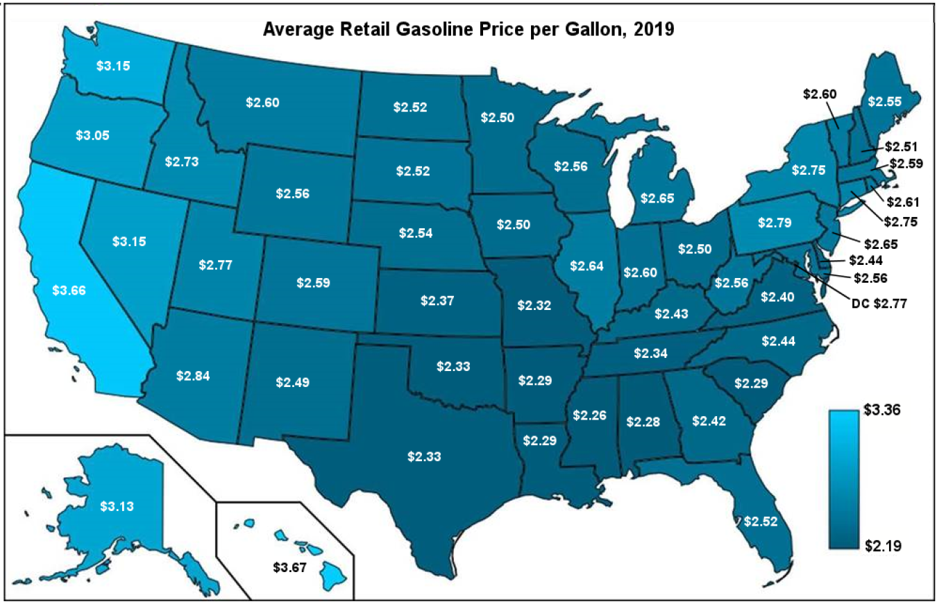 Map of U.S. showing average retail gasoline price per gallon in 2019