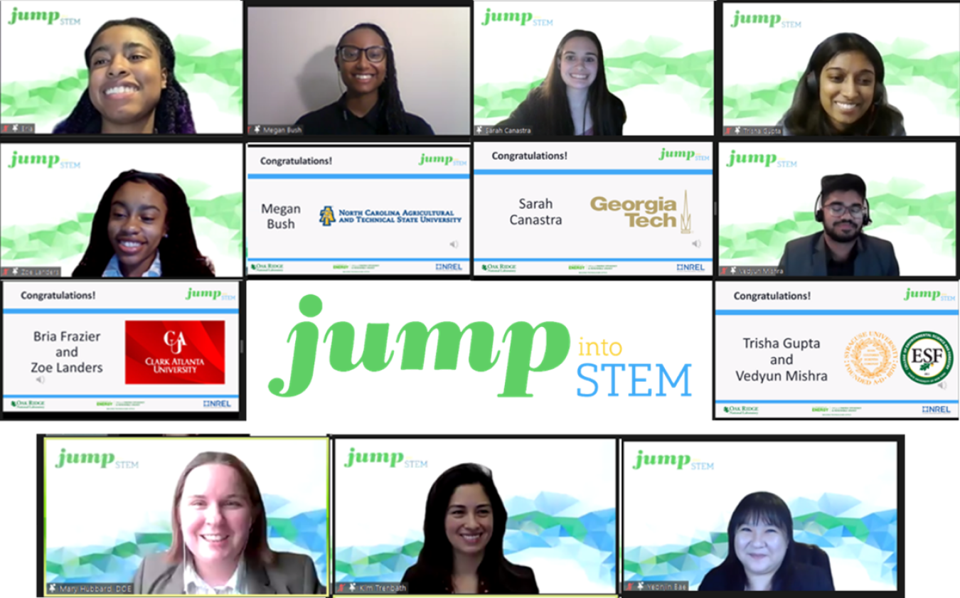 Screenshot of a virtual meeting, with screens shown of student attendees and the Jump Into STEM logo in the center.