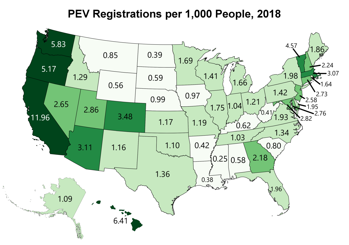 Map of the U.S. showing PEV registrations per 1,000 people in 2018