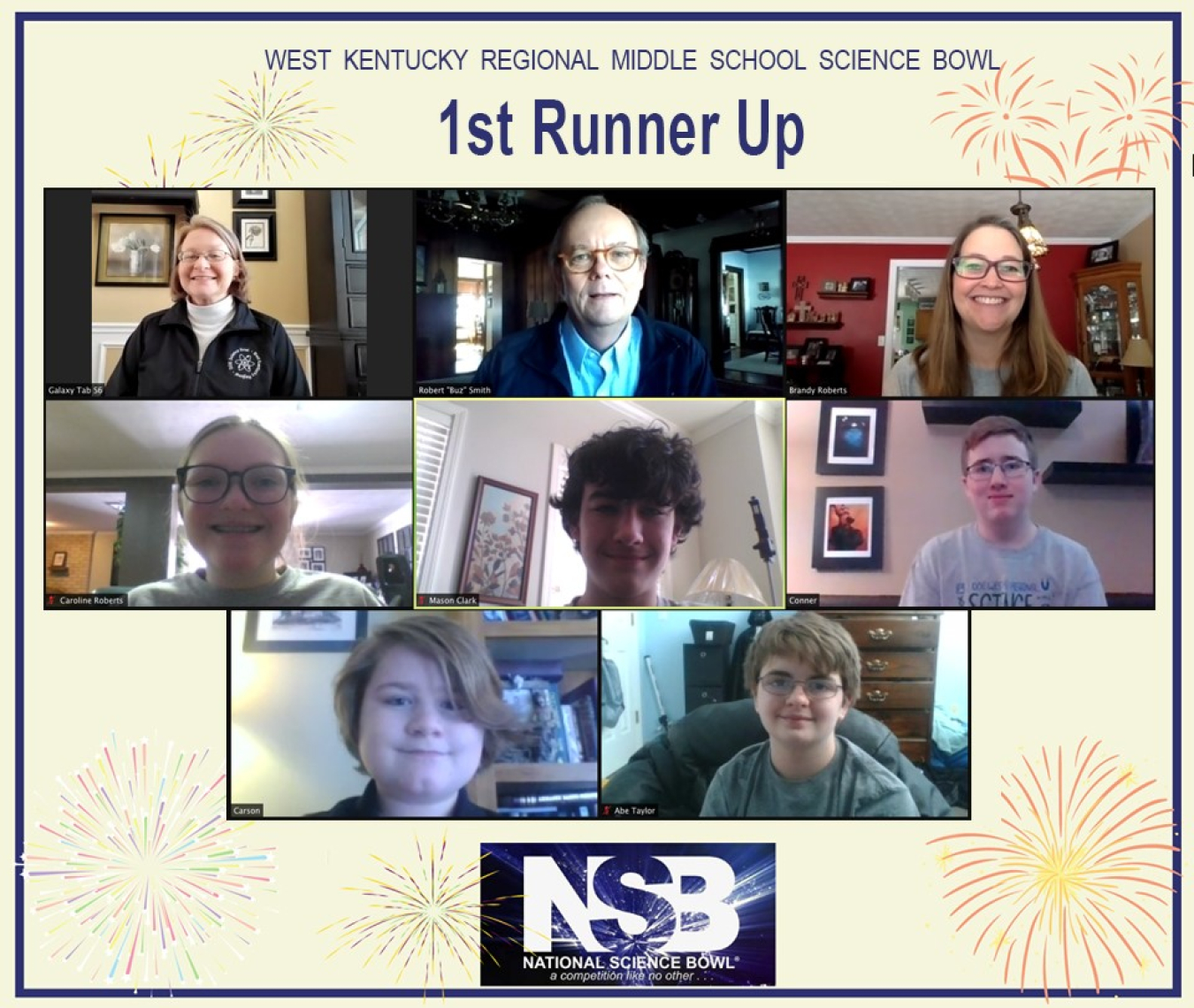 Heath Middle School was first runner-up. Pictured top row, (l-r) DOE Paducah Site Lead Jennifer Woodard, DOE's Buz Smith, Coach Brandy Roberts. Middle row, (l-r): Caroline Roberts, Mason Clark, Conner Campbell, Bottom, (l-r): Carson Abell and Abe Taylor.