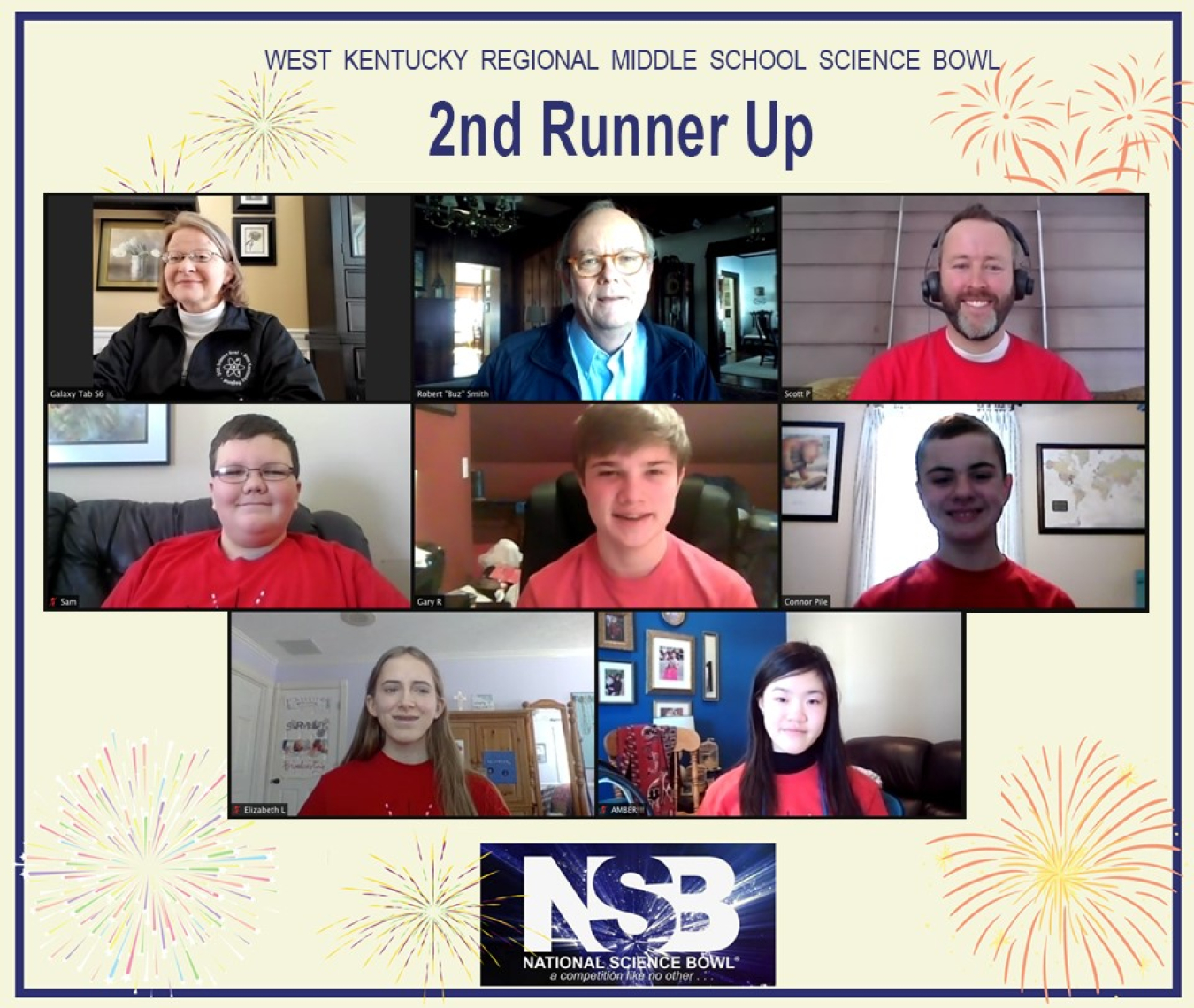 Calloway County Middle School was second runner-up. Pictured top, (l-r): DOE Paducah Site Lead Jennifer Woodard, DOE's Buz Smith, Coach Scott Pile; Middle row, (l-r): Samuel Houston, Gary Rogers, Connor Pile; Bottom row: Elizabeth Lanier and Amber Wu.