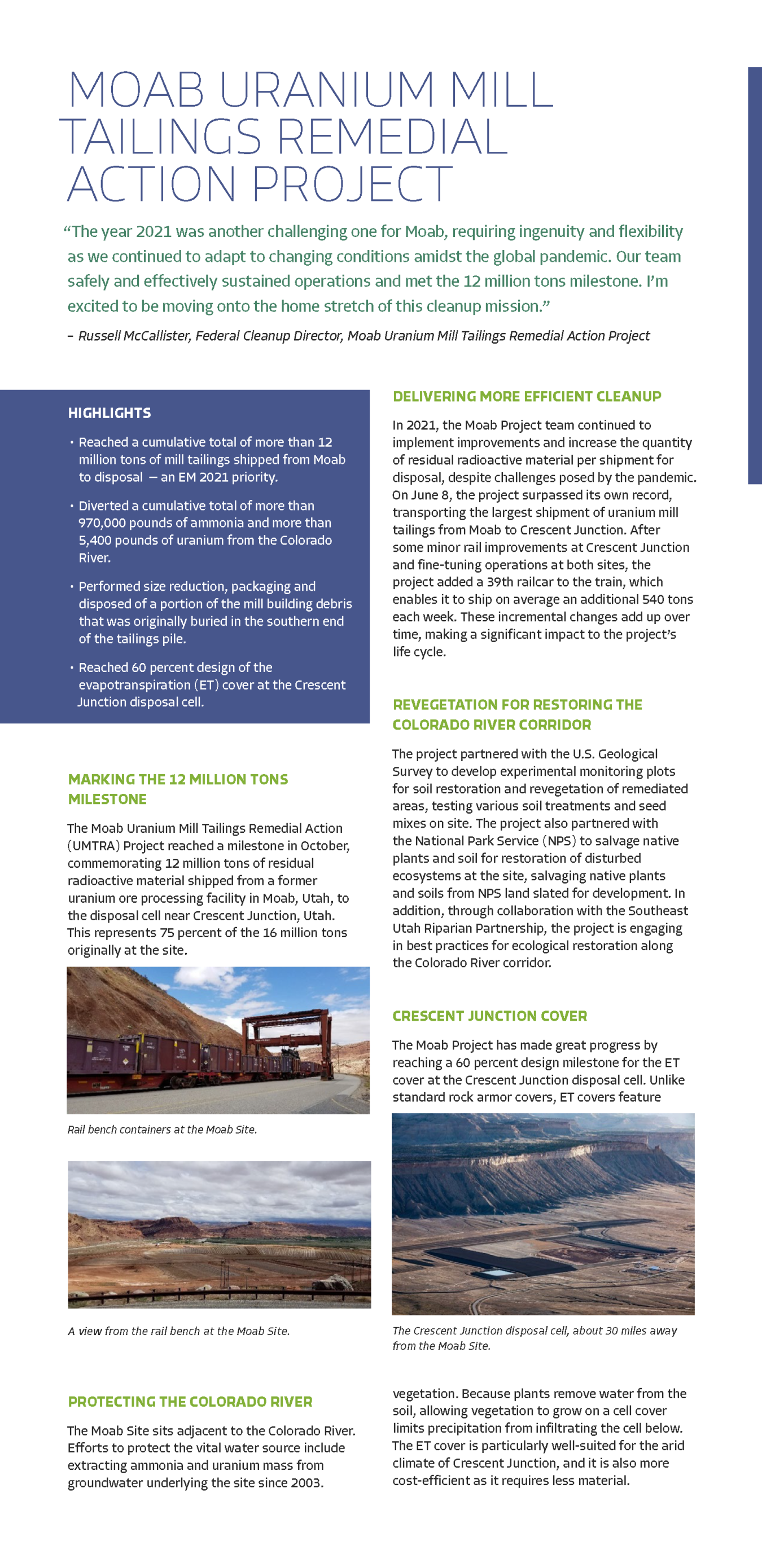 Moab Uranium Mill Tailings Remedial Action (UMTRA) Project 2021 Year in Review report