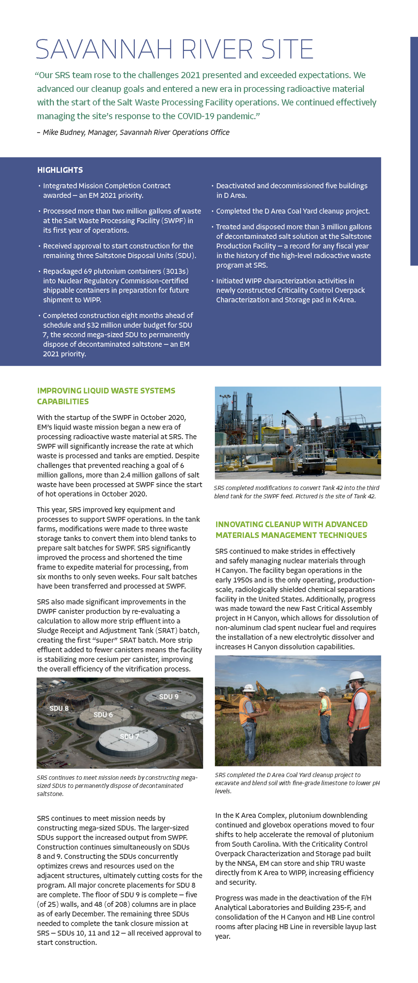 Savannah River Site 2021 Year in Review report