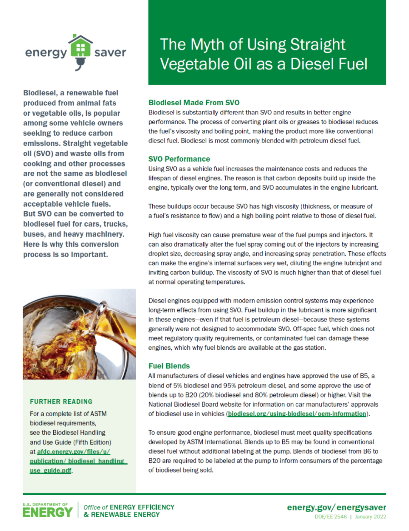 Thumbnail of the fact sheet on The Myth of Using Straight Vegetable Oil as a Diesel Fuel