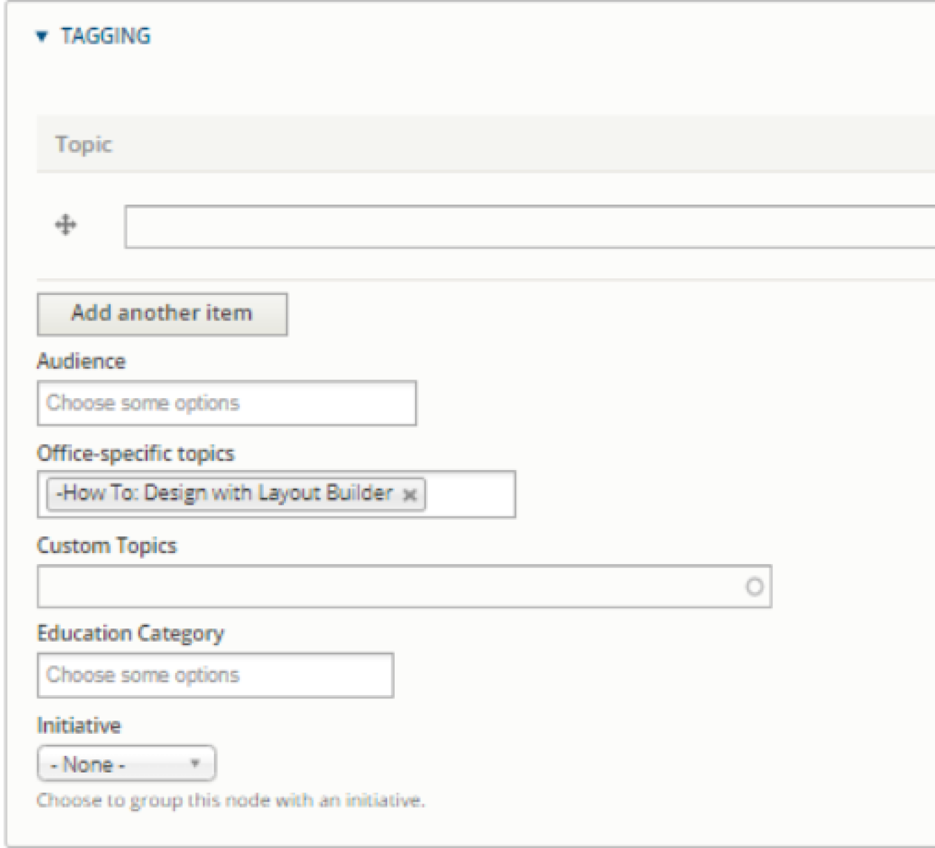 Screenshot of the tagging and taxonomy fields 