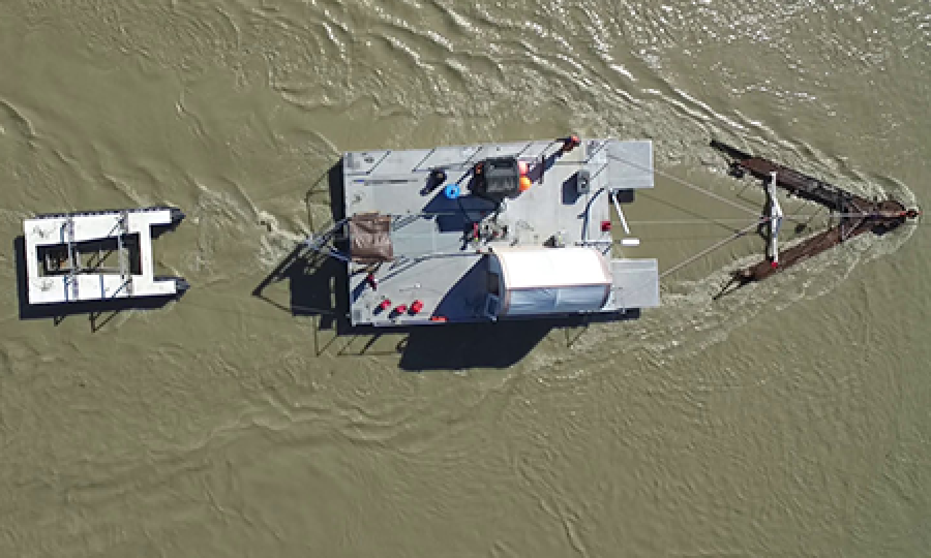 An aerial view of the Water Horse in a river.