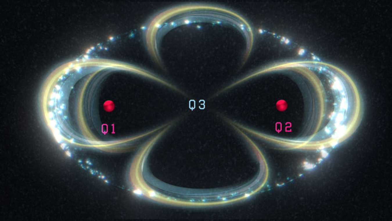 A silicon quantum processor in which an electron spin qubit (blue) enables communication between two phosphorus nuclear spin qubits (red). Researchers used gate set tomography to show that the processor’s logic gates surpass 99 percent fidelity.