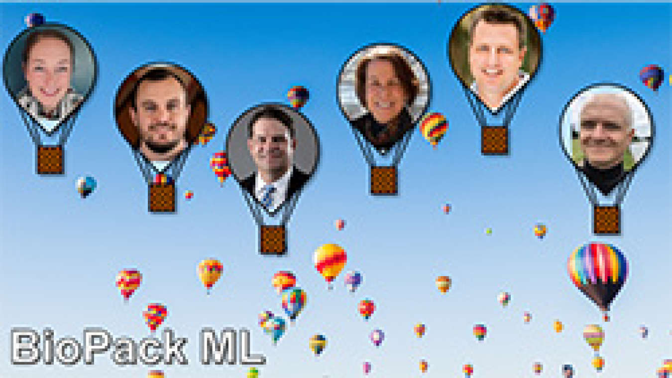 Six peoples heads photoshopped on hot air balloons. 