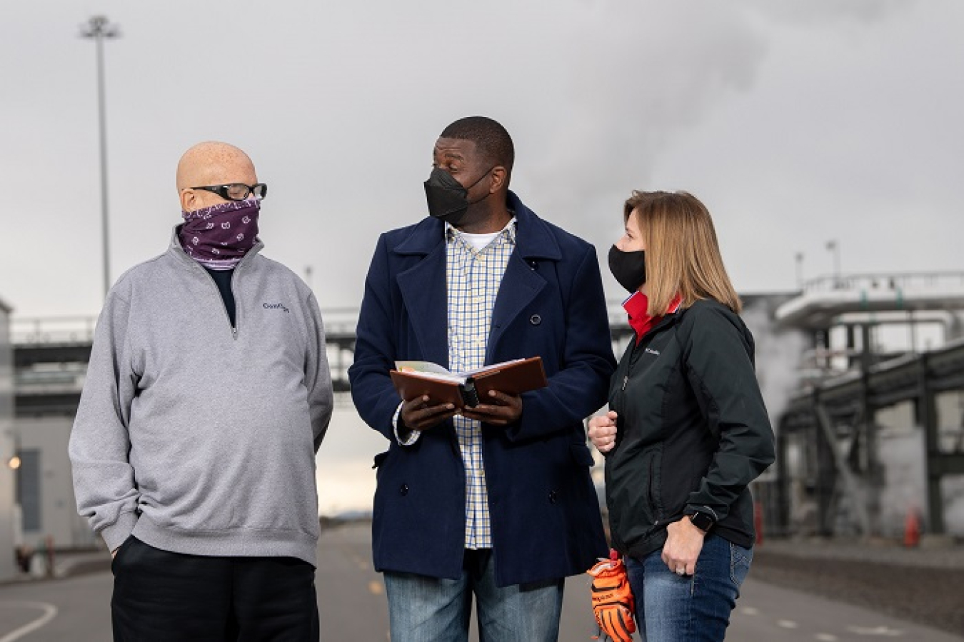 Conduct-of-operations coaches and mentors, from left, Rick Bodette, Lawrence Fitts and Merri Johnson work with shift crews at the Waste Treatment and Immobilization Plant as the team nears cold- and then hot commissioning. This photo was taken prior to new COVID-19 protection guidelines relating to use of cloth masks.