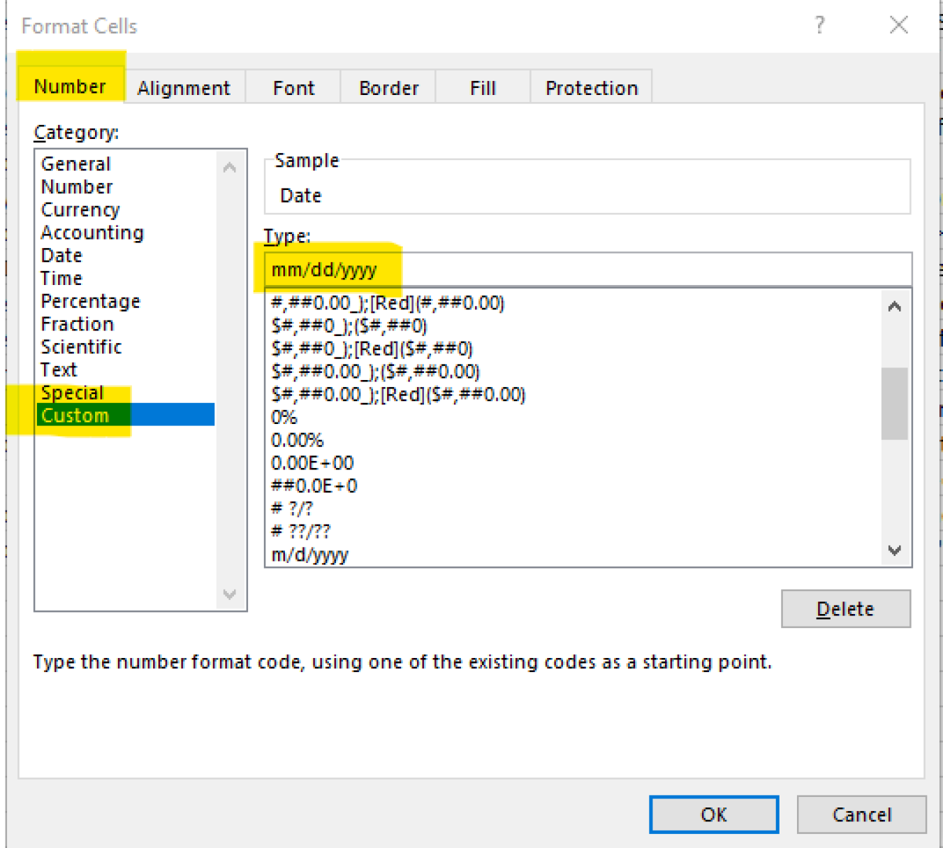 Screenshot of Excel Number format: Custom Date mm/dd/yyyy