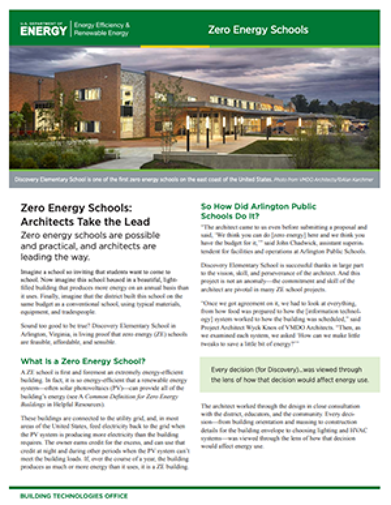 First page of the fact sheet, "Zero Energy Schools: Architects Take the Lead."