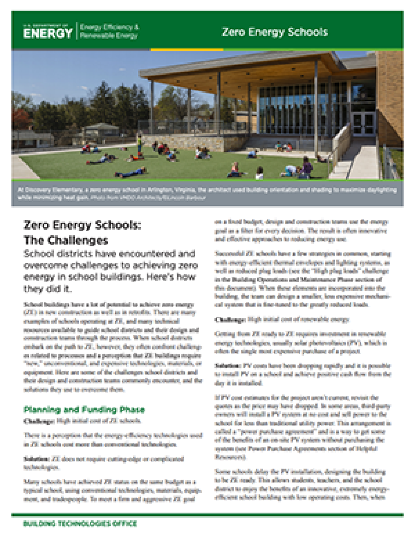 First page of the fact sheet, "Zero Energy Schools: The Challenges."