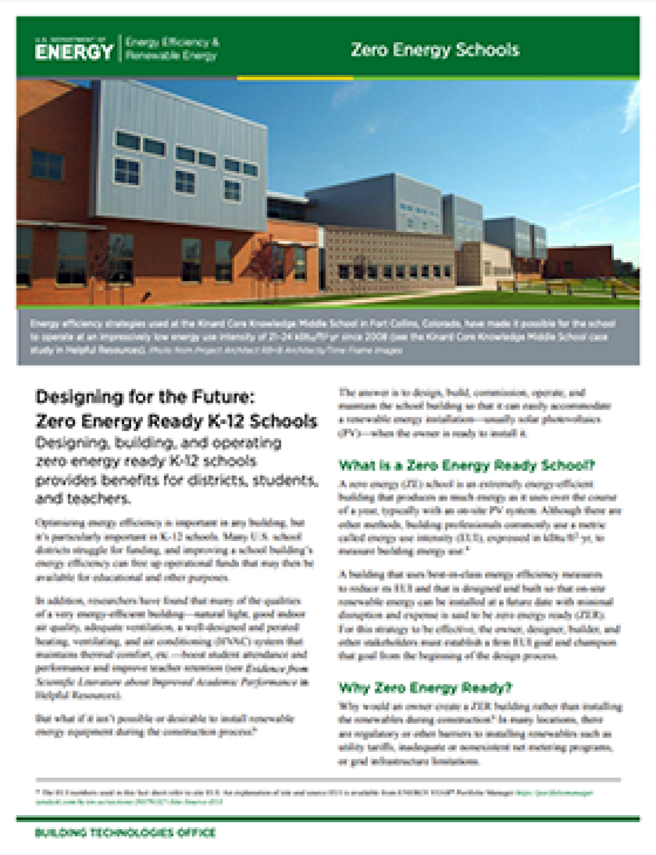 First page of the fact sheet, "Zero Energy Ready K-12 Schools."