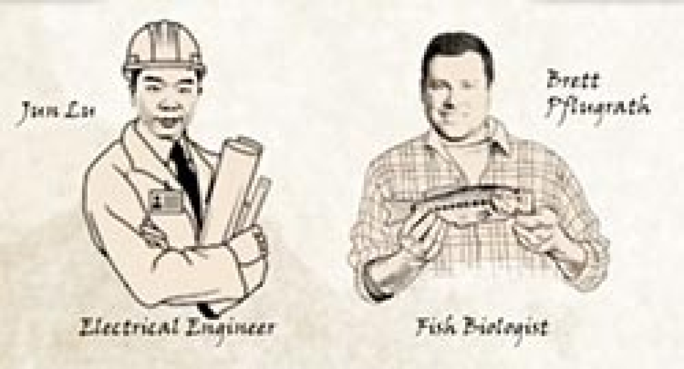 Illustration of an electrical engineer and fish biologist. 