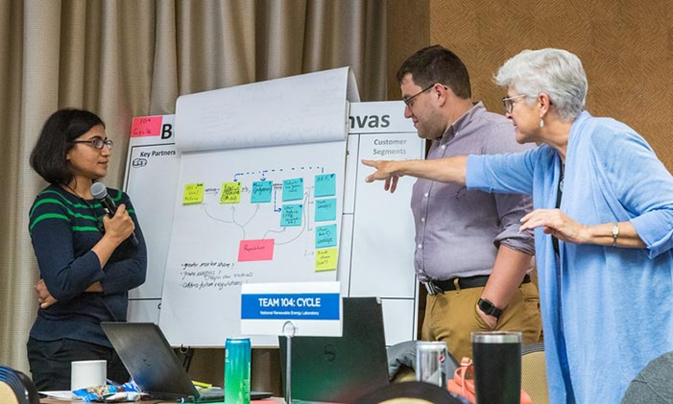 Image shows a woman and man looking at a large piece of paper covered with sticky notes. A second woman gestures toward the paper.