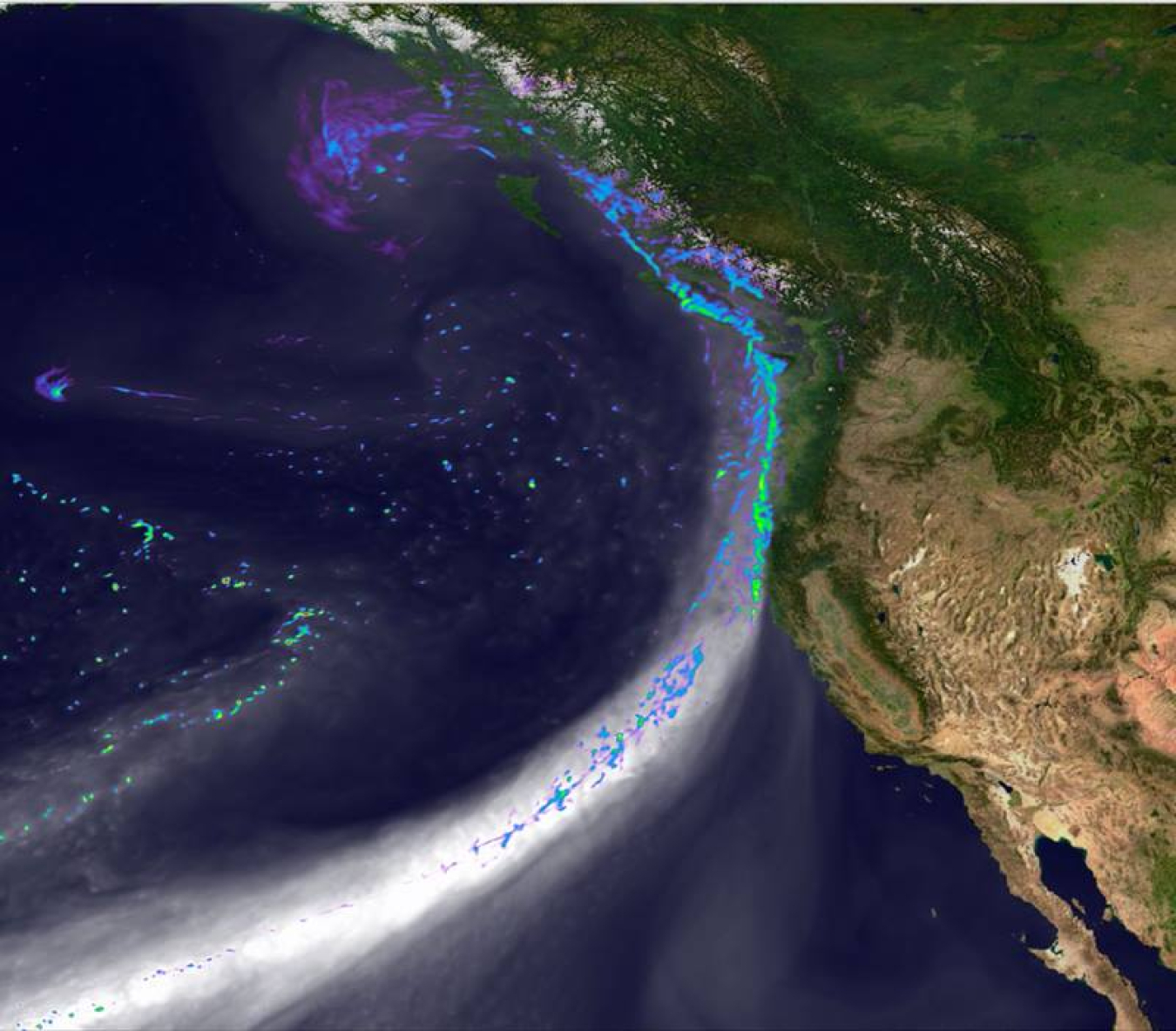 Snapshot  of the simulated landfall of an atmospheric river along the west coast of North America on February 11, 2020. Grey tones depict water vapor. Colors indicate precipitation intensity from blue (light rain) to green (very strong precipitation).