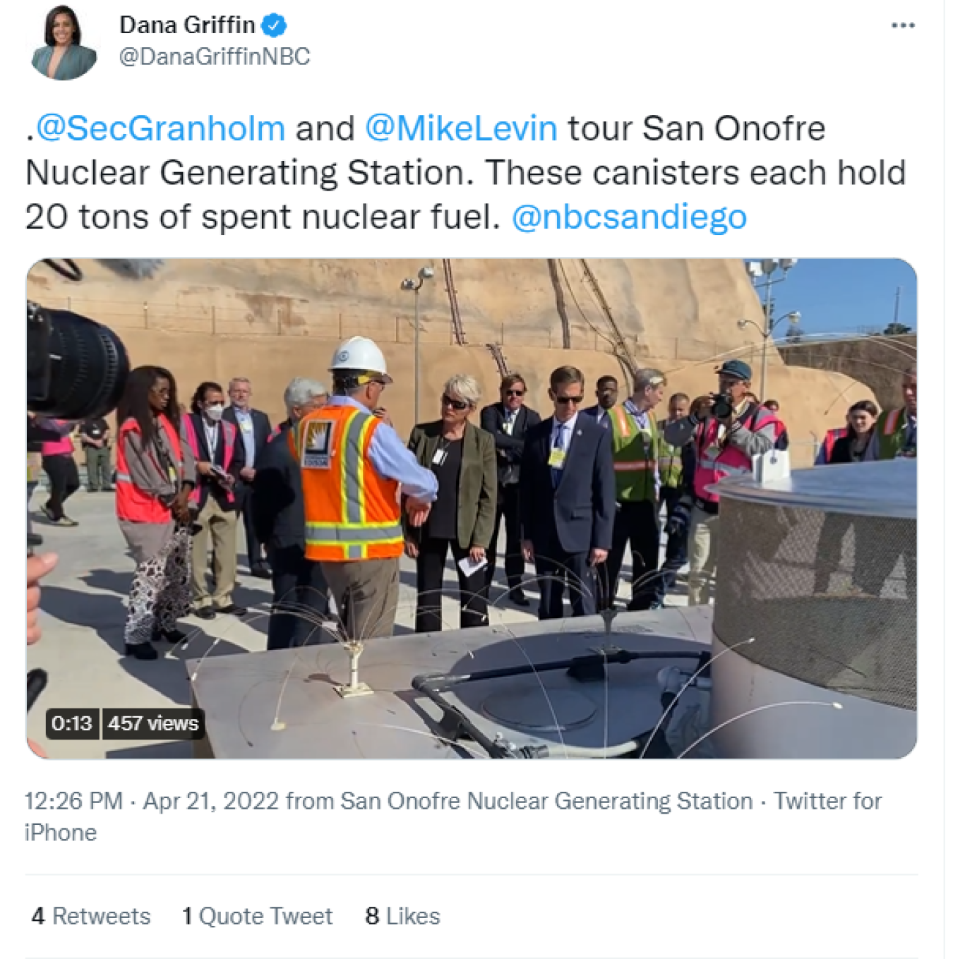 Dana Griffin: .@SecGranholm and @MikeLevinvtour San Onofre Nuclear Generating Station. These canisters each hold 20 tons of spent nuclear fuel. @nbcsandiego 