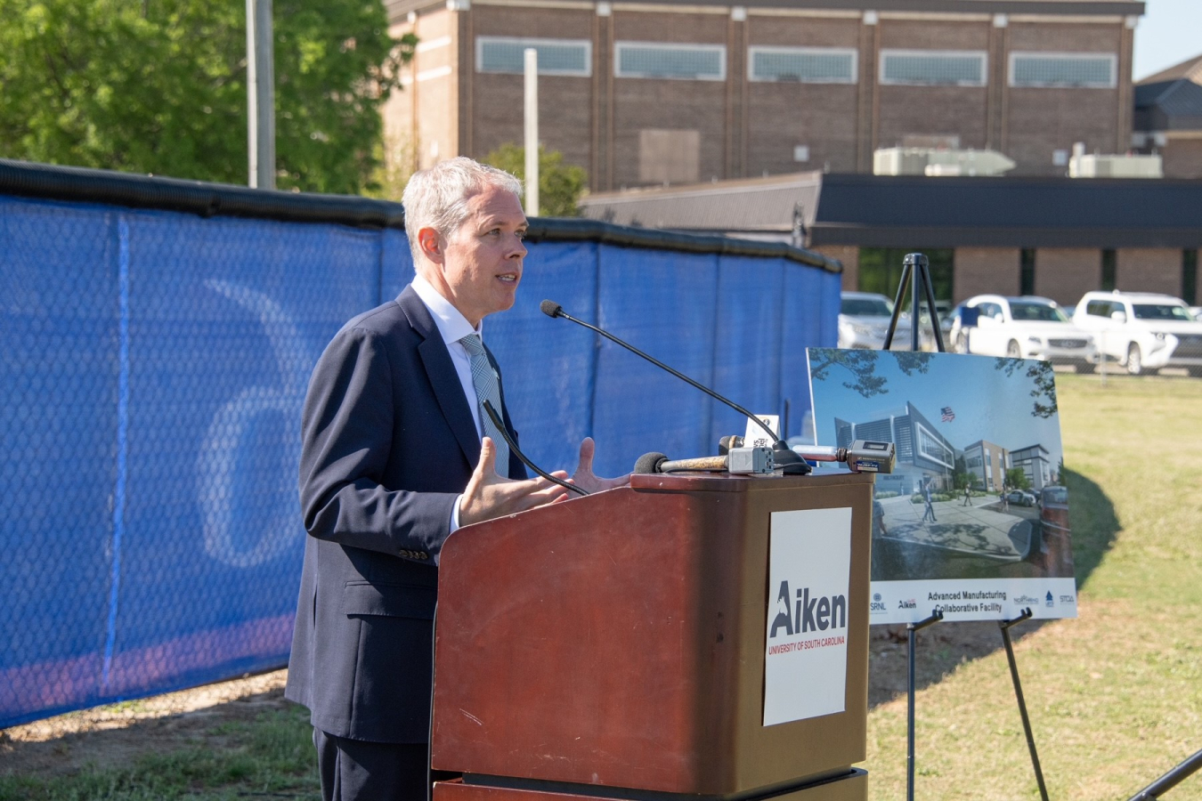 EM Senior Advisor William "Ike" White speaks during the groundbreaking for the Advanced Manufacturing Collaborative today at the University of South Carolina Aiken.