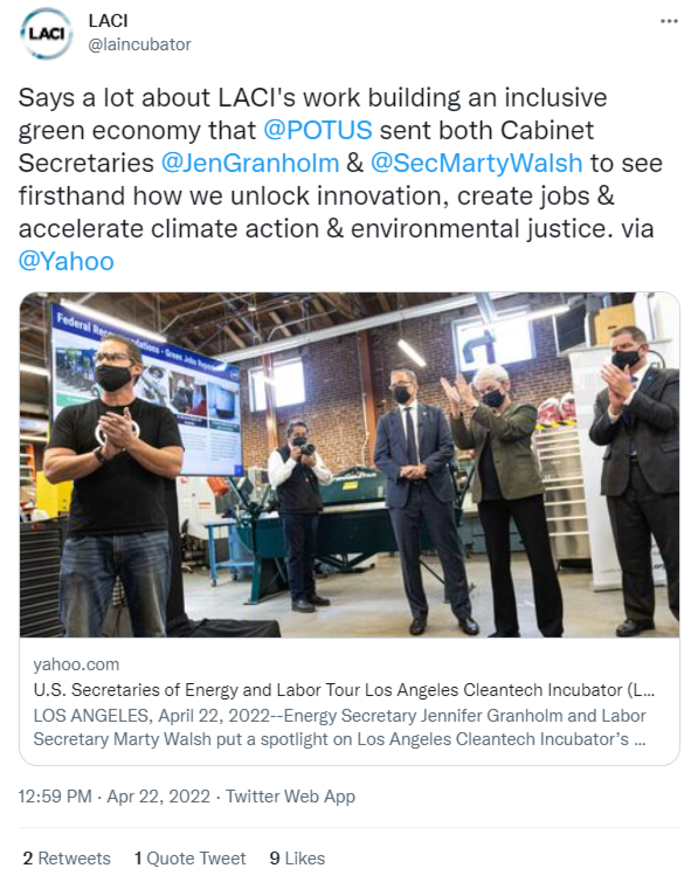 LACI: Says a lot about LACI's work building an inclusive green economy that @POTUS sent both Cabinet Secretaries @JenGranholm & @SecMartyWalsh to see firsthand how we unlock innovation, create jobs & accelerate climate action & environmental justice. via @Yahoo  