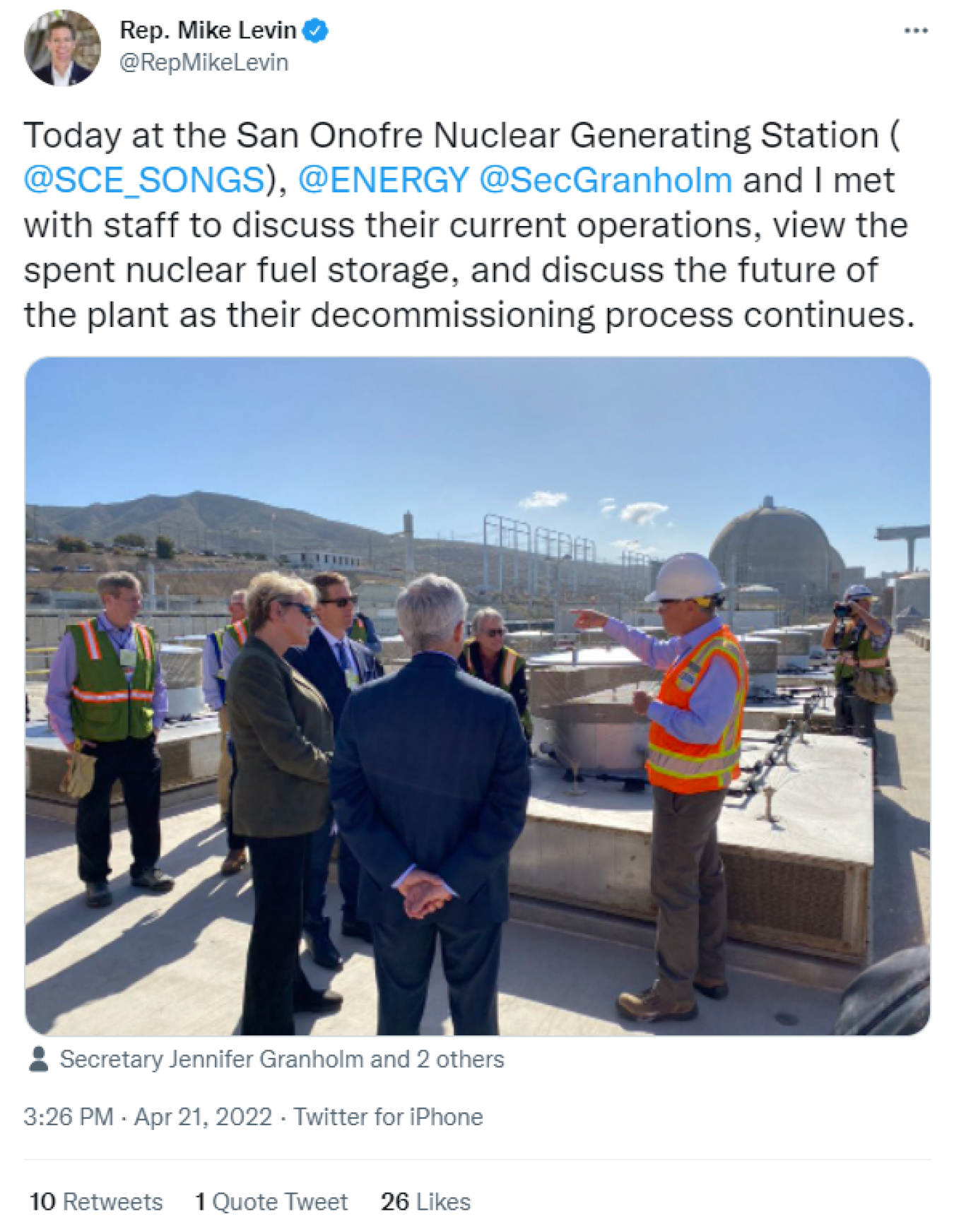 Rep. Mike Levin: Today at the San Onofre Nuclear Generating Station (@SCE_SONGS), @ENERGY @SecGranholm and I met with staff to discuss their current operations, view the spent nuclear fuel storage, and discuss the future of the plant as their decommissioning process continues.  