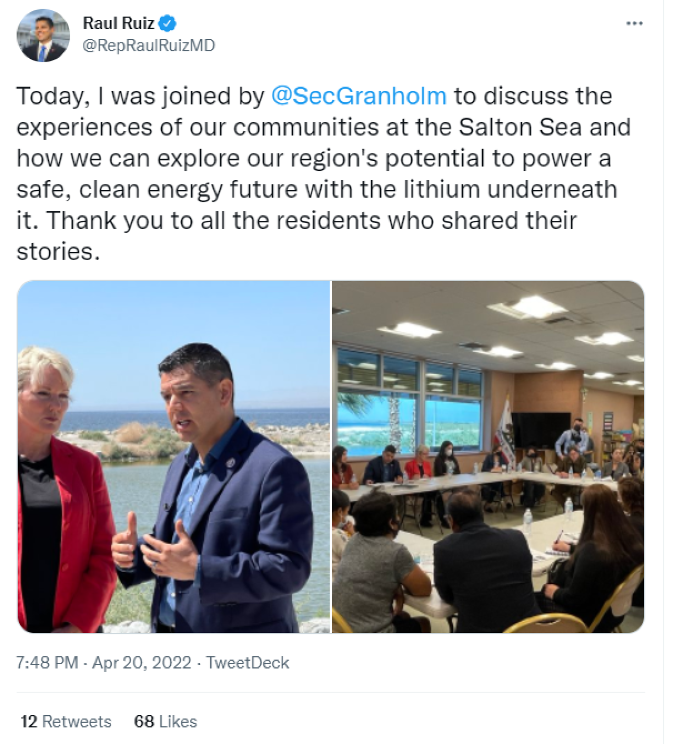 Raul Ruiz: Today, I was joined by @SecGranholm to discuss the experiences of our communities at the Salton Sea and how we can explore our region's potential to power a safe, clean energy future with the lithium underneath it. Thank you to all the residents who shared their stories. 