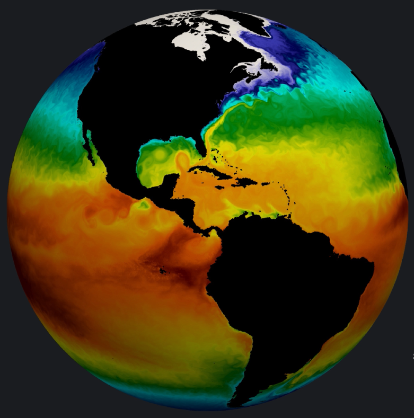 earth model showing North and South America with a temperature gradient in the oceans. 