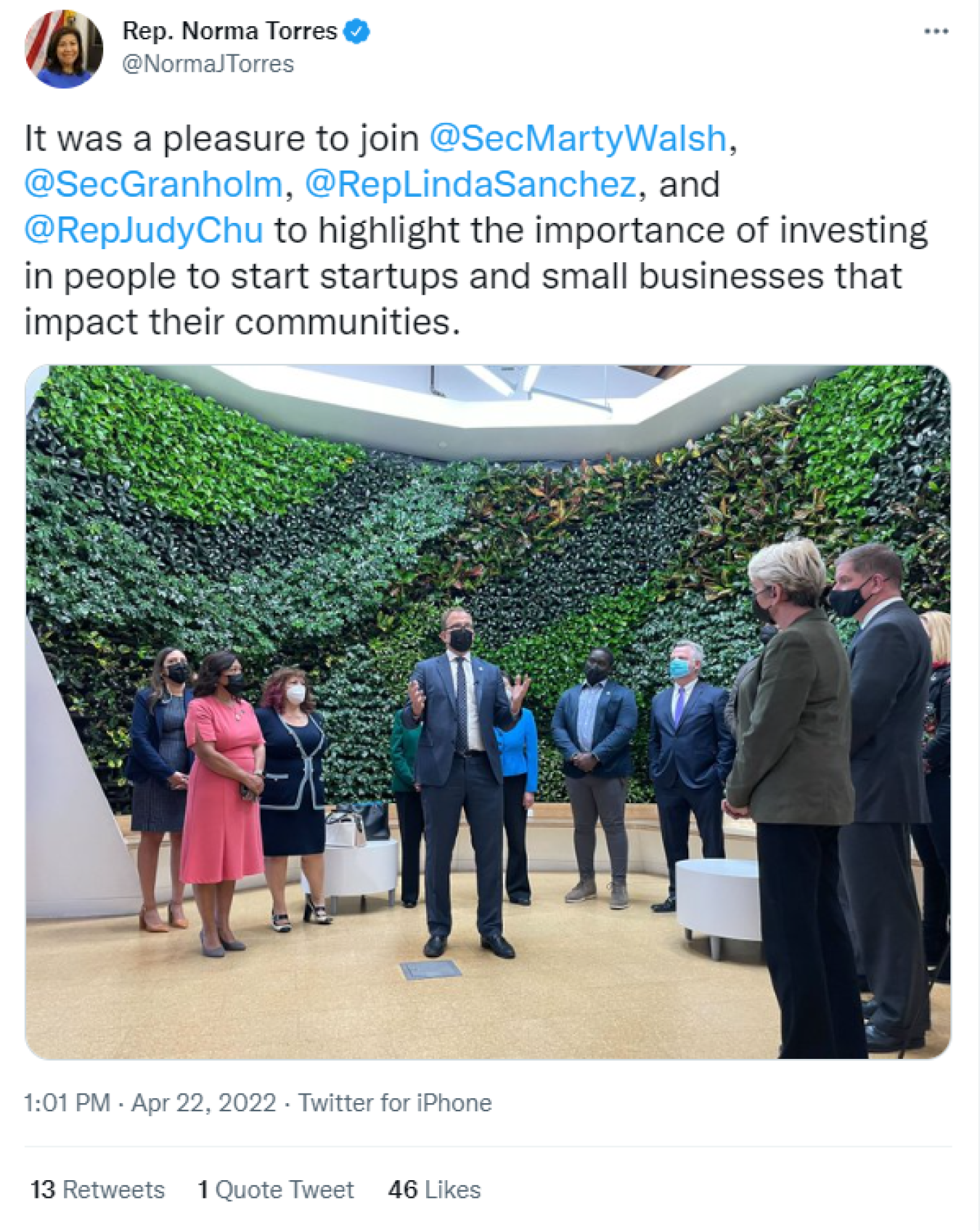 Rep. Norma Torres: It was a pleasure to join @SecMartyWalsh, @SecGranholm, @RepLindaSanchez, and @RepJudyChu to highlight the importance of investing in people to start startups and small businesses that impact their communities.  