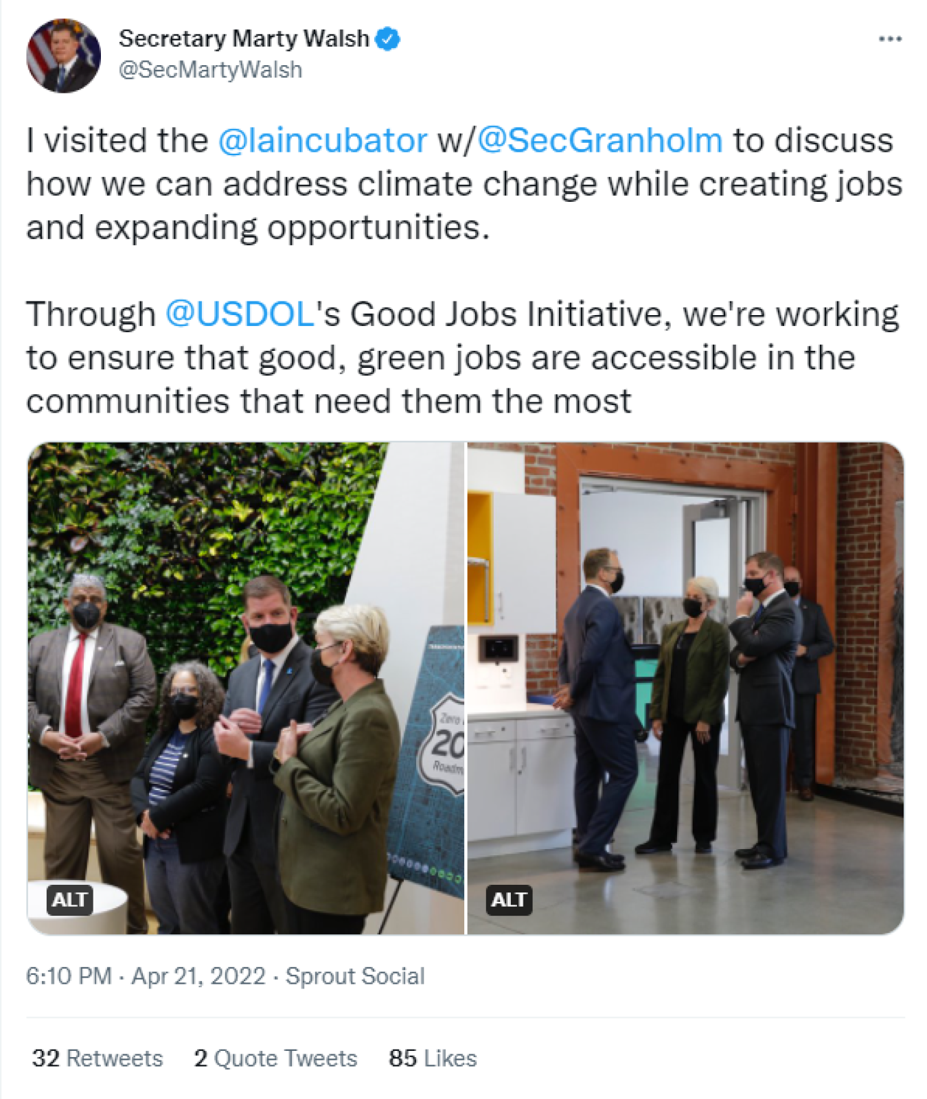 Secretary Marty Walsh: I visited the @laincubator w/ @SecGranholm to discuss how we can address climate change while creating jobs and expanding opportunities. Through @USDOL's Good Jobs Initiative, we're working to ensure that good, green jobs are accessible in the communities that need them the most  