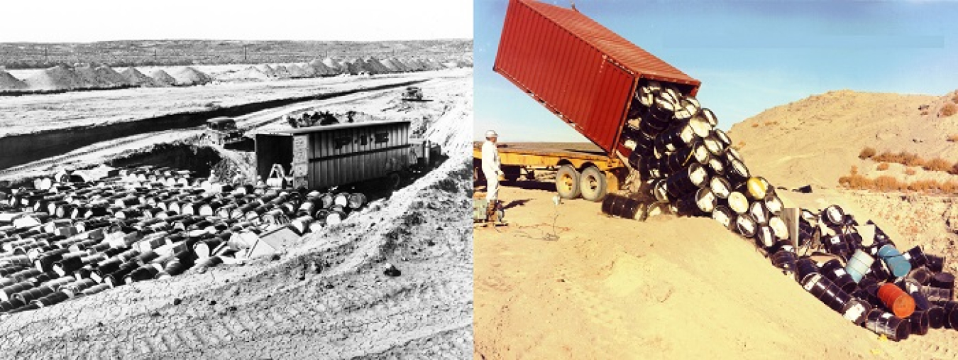 Crews at left perform stacked waste disposal at the Subsurface Disposal Area at the Idaho National Laboratory Site in the 1950s. At right, workers use a lifting tractor trailer to dispose of waste at the landfill in the 1960s.